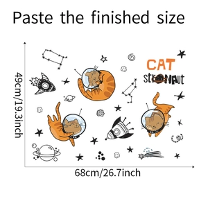 Detailed size specifications for the cartoon cat astronaut wall sticker set