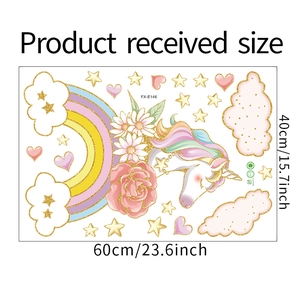 Detail view of FX-E146 unicorn and rainbow wall sticker set dimensions 60x40cm
