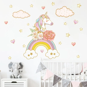 Cartoon unicorn wall stickers with rainbow clouds and gold stars for nursery room decor