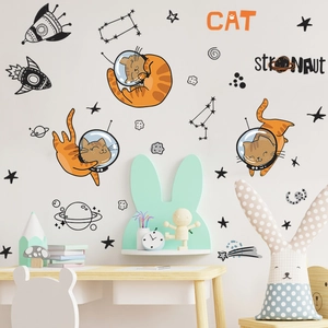 Cartoon astronaut cat and rocket space wall stickers for kids nursery room decor