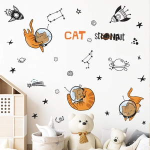 Space cat wall decals with rocket and planet motifs for kids room decor and nursery art