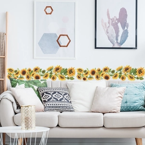 Self-adhesive sunflower and green leaf baseboard wall stickers for home living room decor