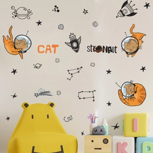 Cartoon Space Cat Wall Stickers PVC Astronaut Cat Rocket Planet Constellation Decals For Kids Room Nursery Home Decor