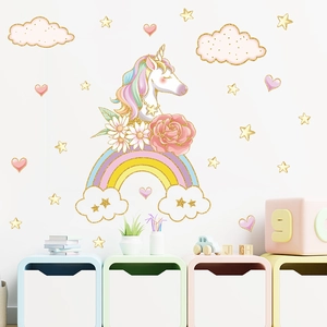 Cartoon unicorn wall sticker set with rainbow flowers and hearts for kids room decoration
