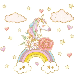Cartoon unicorn wall decal with rainbow flowers and hearts for kids room decoration
