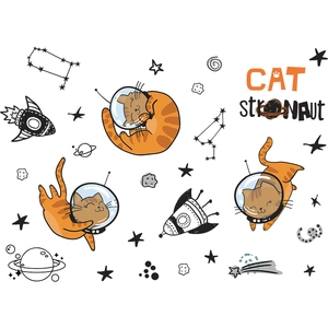 Cartoon orange space cat wall stickers with rocket and planet designs for children's room