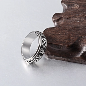 Vintage rotating stainless steel spinner ring with Buddhist mantra six words engraving