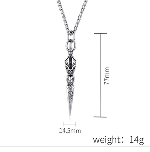 Detail view of vintage stainless steel vajra pendant with 77mm height and 14.5mm width