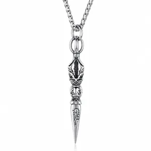 Vintage Titanium Steel Vajra Pestle Pendant Necklace For Men Religious Buddhist Amulet Retro Distressed Jewelry Gift