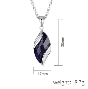 Blue sand stone leaf pendant necklace dimensions showing 38mm height and 17mm width detail