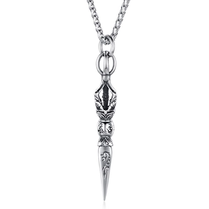 Vintage stainless steel Vajra pestle pendant necklace for men with wheat chain on white background
