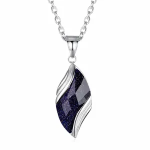 Men's Stainless Steel Blue Sandstone Leaf Pendant Necklace Fashion Vintage Geometric Stone Charm Jewelry For Daily Party