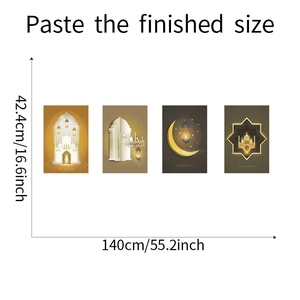 Detailed size chart showing 140cm x 42.4cm dimensions for Ramadan wall stickers