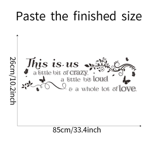 Disegno tecnico dell'adesivo da parete con farfalle This is us, dimensioni 85cm x 26cm