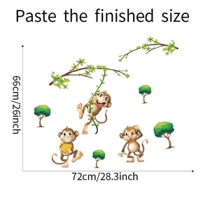 Detailed sheet of cartoon monkey wall decals with dimensions for nursery room decor