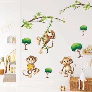 Cartoon monkey wall stickers with green leaves for nursery room wall decoration