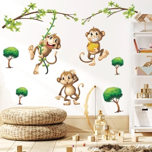 Playful monkey and forest tree wall stickers for kids nursery and playroom decoration