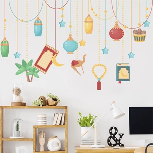 Ramadan cartoon wall stickers with lanterns and camels for festive home wall decoration