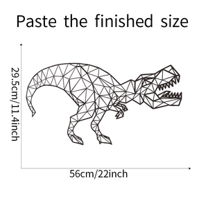 Detail van T-Rex muursticker met afmetingen van 22x11 inch en geometrisch dinosaurusontwerp