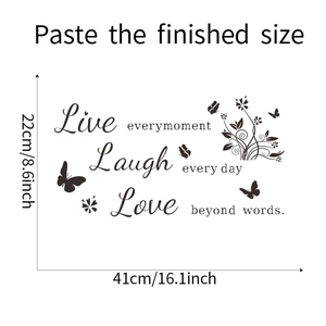 Detail view of Live Laugh Love wall decal with butterfly accents and size measurements