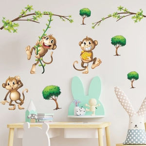 Cartoon monkey wall stickers with green leaves for children's room nursery wall decor