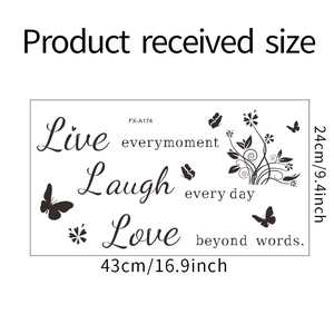 Detail view of Live Laugh Love wall sticker dimensions with butterflies 43cm x 24cm