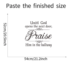 Detail showing dimensions and black letter design of the Praise wall sticker decal