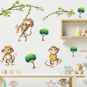 Detailed wall sticker set featuring playful monkeys and green trees for nursery decoration