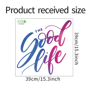 Détail des dimensions du sticker mural Good Life 39x39cm avec lettrage dégradé bleu