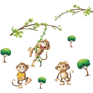 Cartoon monkeys and green trees wall stickers set for children room wall decoration