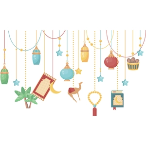 Cartoon Ramadan Kareem wall stickers featuring colorful lanterns moon and camel decoration