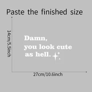Size guide for 'Damn you look cute as hell' wall sticker showing 14cm by 27cm dimensions