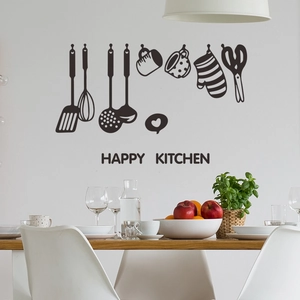 Self-adhesive black kitchen wall stickers with cooking utensils and Happy Kitchen lettering