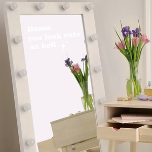Hollywood style lighted vanity mirror with LED bulbs and Damn You Look Cute As Hell text