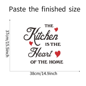 Detail view of kitchen wall sticker with heart and text showing dimensions 37x38cm