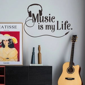 Music is my Life wall decal with headphones icon and guitar decor in music room