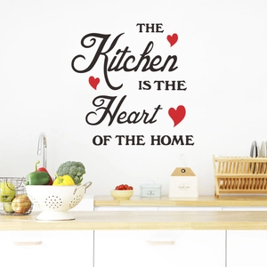 Modern vinyl wall decal with The Kitchen Is The Heart Of The Home quote and red hearts