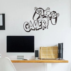 Detail of gamer controller wall sticker with bold gamer text for office decor