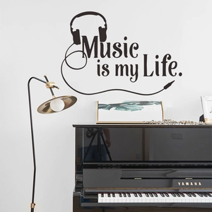 Music is my Life wall decal with headphone graphics for modern home music room decor