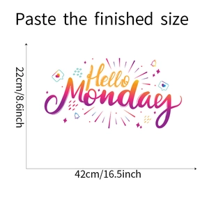 Plano detallado del vinilo decorativo Hello Monday con medidas de 42cm x 22cm en vista macro