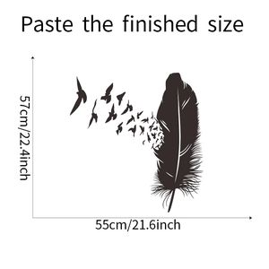 Detailed dimension guide for black feather and birds wall decal with 57x55cm sticker size