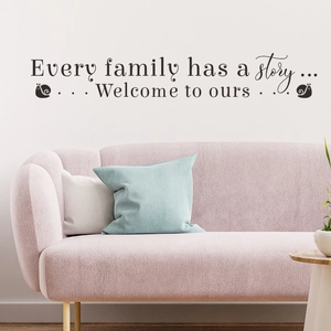 Family quote wall decal featuring every family has a story on white living room wall