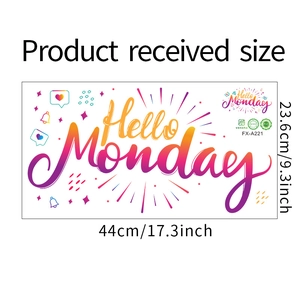 Vista de detalle del vinilo Hello Monday con texto degradado y marcas de dimensiones