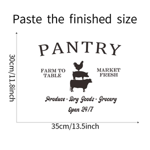 Detailed view showing dimensions and farm animal silhouettes of the pantry wall decal