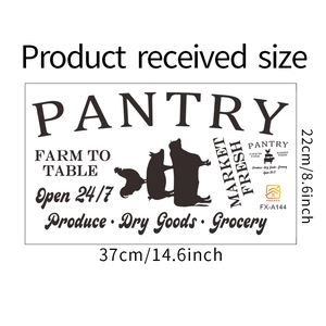 Detail showing the 37x22cm dimensions of the PANTRY farm-themed PVC wall sticker