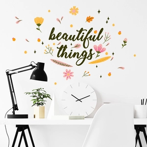 Detail of Beautiful Things wall decal with colorful floral patterns in a modern home setup
