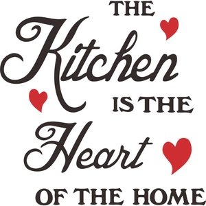 The Kitchen Is The Heart Of The Home wall decal with black calligraphy and red hearts