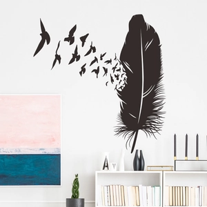 Artistic black feather and flying birds wall sticker for modern living room decor