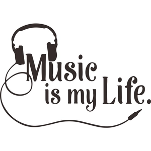 Music is my life wall sticker featuring a pair of headphones and artistic lettering