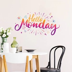 Detalle del vinilo decorativo Hello Monday con degradado colorido y estrellas en el comedor